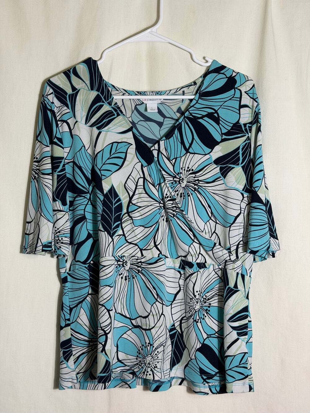 Liz Claiborne Floral V Neck Top Large Blue White Stretch 3/4 Sleeve Blouse